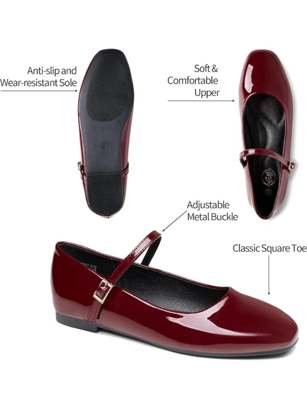 Women Wine Red Square Toe With Adjustable Buckle Strap Ballet Flat Slip On Shoes